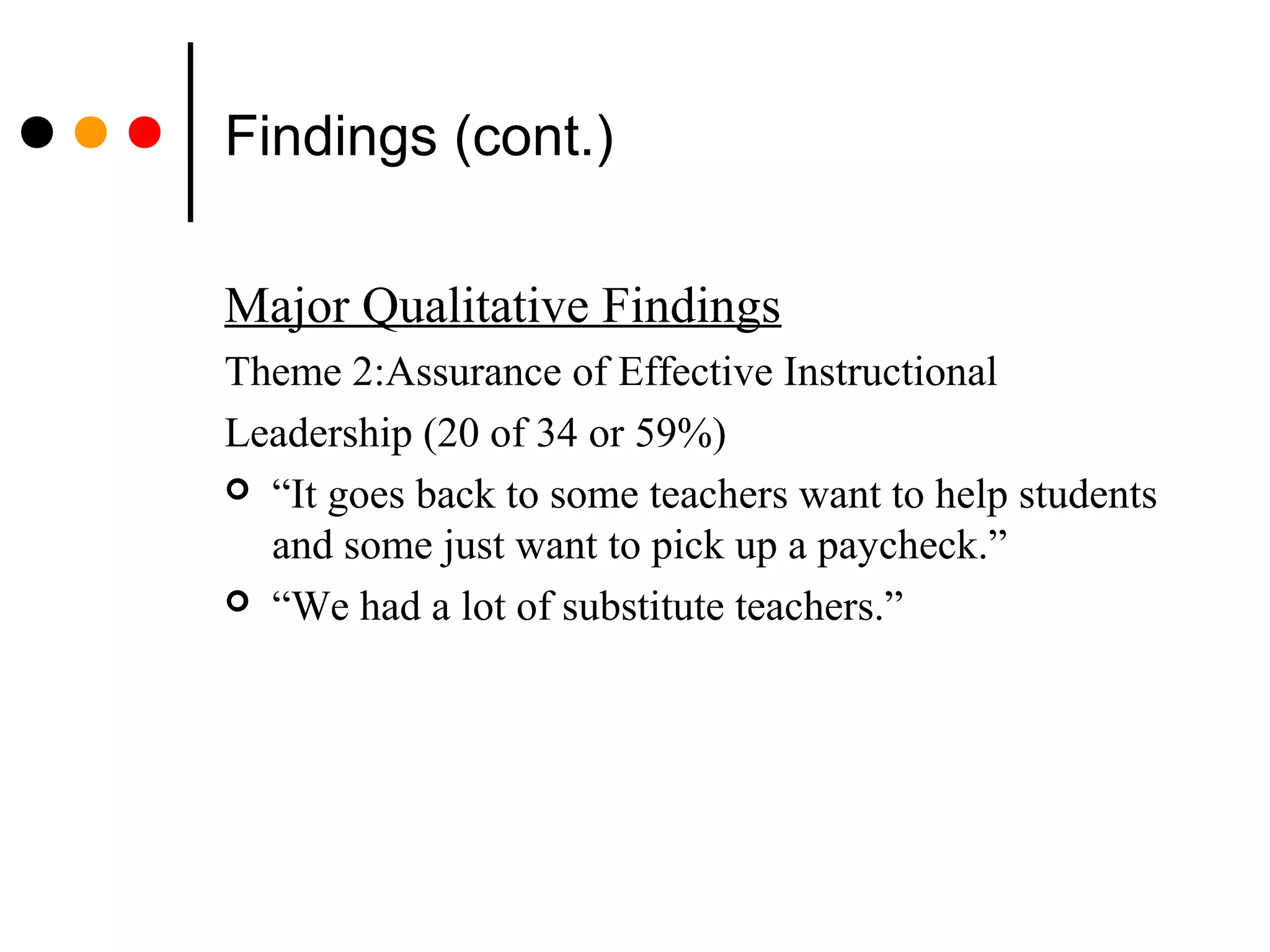 Findings (cont.)
Major Qualitative Findings
Theme 2:Assurance of Effective Instructional
Leadership (20 of 34 or 59%)
 “It goes back to some teachers want to help students
and some just want to pick up a paycheck.”
 “We had a lot of substitute teachers.”
 