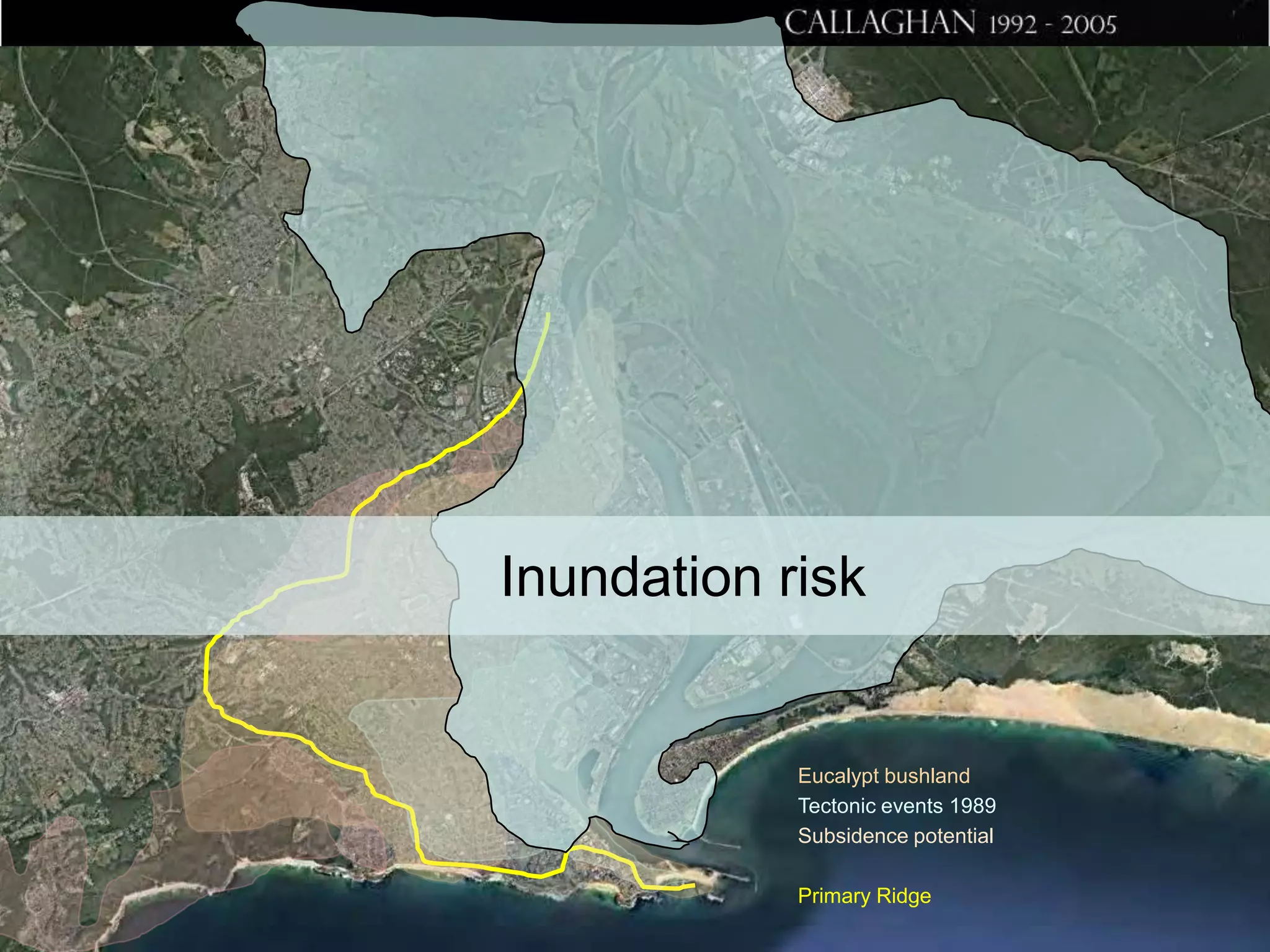 Inundation risk

Eucalypt bushland
Tectonic events 1989
Subsidence potential

Primary Ridge

 