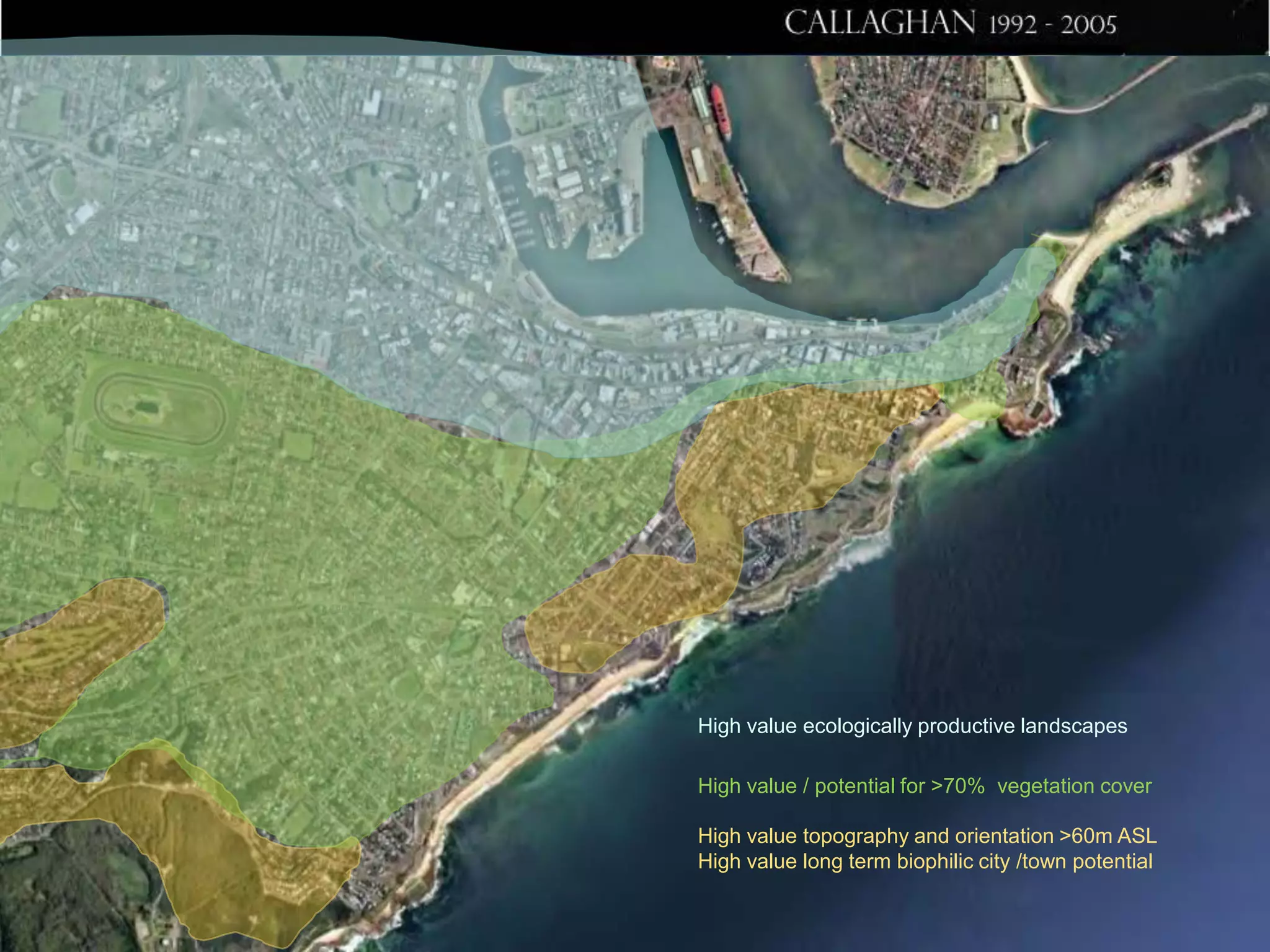 High value ecologically productive landscapes
High value / potential for >70% vegetation cover
High value topography and orientation >60m ASL
High value long term biophilic city /town potential

 