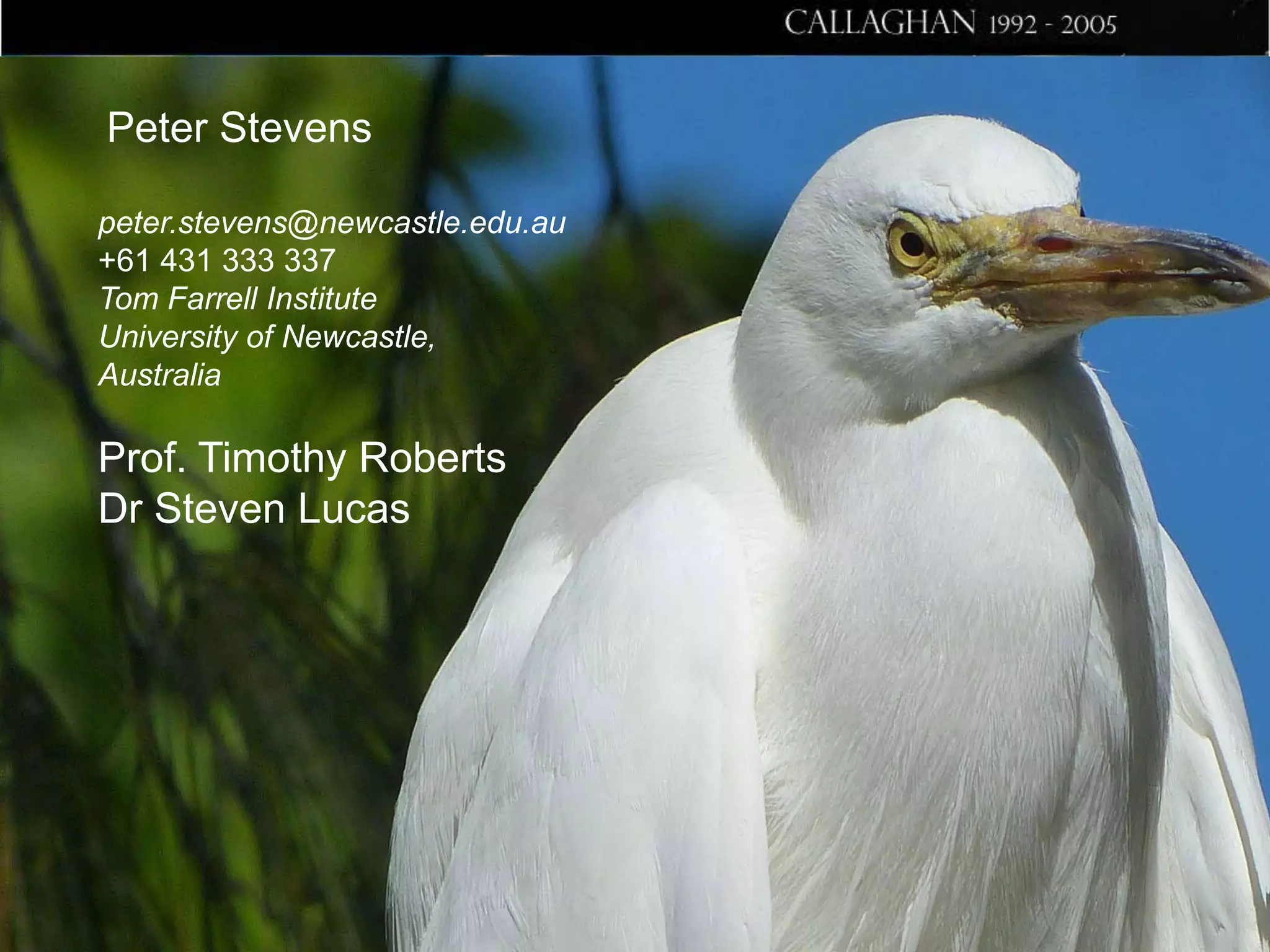 Peter Stevens
peter.stevens@newcastle.edu.au
+61 431 333 337
Tom Farrell Institute
University of Newcastle,
Australia

Prof. Timothy Roberts
Dr Steven Lucas

 