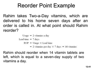 Reorder Point Example
Rahim takes Two-a-Day vitamins, which are
delivered to his home seven days after an
order is called in. At what point should Rahim
reorder?
12-41
Rahim should reorder when 14 vitamin tablets are
left, which is equal to a seven-day supply of two
vitamins a day.
 