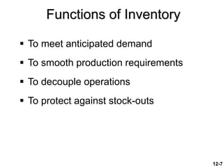 12-7
Functions of Inventory
 To meet anticipated demand
 To smooth production requirements
 To decouple operations
 To protect against stock-outs
 