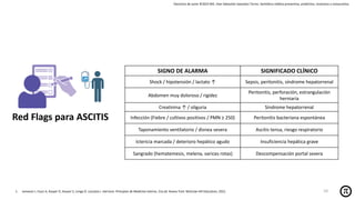 Derechos de autor ©2025 MD. Jhan Sebastián Saavedra Torres- Semiótica médica preventiva, predictiva, resolutiva y restaurativa.
Red Flags para ASCITIS
1. Jameson J, Fauci A, Kasper D, Hauser S, Longo D, Loscalzo J. Harrison. Principios de Medicina Interna. 21a ed. Nueva York: McGraw-Hill Education; 2022.
SIGNO DE ALARMA SIGNIFICADO CLÍNICO
Shock / hipotensión / lactato ↑ Sepsis, peritonitis, síndrome hepatorrenal
Abdomen muy doloroso / rigidez
Peritonitis, perforación, estrangulación
herniaria
Creatinina ↑ / oliguria Síndrome hepatorrenal
Infección (Fiebre / cultivos positivos / PMN ≥ 250) Peritonitis bacteriana espontánea
Taponamiento ventilatorio / disnea severa Ascitis tensa, riesgo respiratorio
Ictericia marcada / deterioro hepático agudo Insuficiencia hepática grave
Sangrado (hematemesis, melena, varices rotas) Descompensación portal severa
10
 