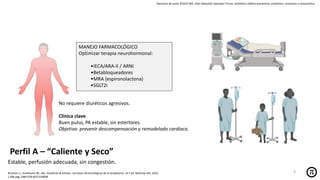 Derechos de autor ©2025 MD. Jhan Sebastián Saavedra Torres- Semiótica médica preventiva, predictiva, resolutiva y restaurativa.
No requiere diuréticos agresivos.
Clínica clave
Buen pulso, PA estable, sin estertores.
Objetivo: prevenir descompensación y remodelado cardíaco.
Perfil A – “Caliente y Seco”
Estable, perfusión adecuada, sin congestión.
MANEJO FARMACOLÓGICO
Optimizar terapia neurohormonal:
•IECA/ARA-II / ARNI
•Betabloqueadores
•MRA (espironolactona)
•SGLT2i
Brunton LL, Knollmann BC, eds. Goodman & Gilman: Las bases farmacológicas de la terapéutica. 14.ª ed. McGraw-Hill; 2023.
1 666 pág. ISBN 978-6071520838
4
 