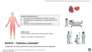 Derechos de autor ©2025 MD. Jhan Sebastián Saavedra Torres- Semiótica médica preventiva, predictiva, resolutiva y restaurativa.
Perfil B – “Caliente y Húmedo”
Congestión con buena perfusión. El caso típico del servicio de urgencias.
MANEJO FARMACOLÓGICO
1. Diurético IV (furosemida bolo o infusión continua)
2. Vasodilatadores (nitroglicerina / nitroprusiato) si PA lo
permite
3. Mantener terapia modificadora de pronóstico.
Brunton LL, Knollmann BC, eds. Goodman & Gilman: Las bases farmacológicas de la terapéutica. 14.ª ed. McGraw-Hill; 2023.
1 666 pág. ISBN 978-6071520838
CLÍNICA CLAVE
Disnea, estertores, edema, presión venosa yugular elevada.
Objetivo: sacar líquido… sin botar perfusión.
5
 