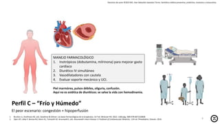 Derechos de autor ©2025 MD. Jhan Sebastián Saavedra Torres- Semiótica médica preventiva, predictiva, resolutiva y restaurativa.
Perfil C – “Frío y Húmedo”
El peor escenario: congestión + hipoperfusión
MANEJO FARMACOLÓGICO
1. Inotrópicos (dobutamina, milrinona) para mejorar gasto
cardíaco
2. Diurético IV simultáneo
3. Vasodilatadores con cautela
4. Evaluar soporte mecánico y UCI.
Piel marmórea, pulsos débiles, oliguria, confusión.
Aquí no es estética de diuréticos: se salva la vida con hemodinamia.
1. Brunton LL, Knollmann BC, eds. Goodman & Gilman: Las bases farmacológicas de la terapéutica. 14.ª ed. McGraw-Hill; 2023. 1 666 pág. ISBN 978-6071520838
2. Zipes DP, Libby P, Bonow RO, Mann DL, Tomaselli GF, Braunwald E, eds. Braunwald's Heart Disease: A Textbook of Cardiovascular Medicine. 11th ed. Philadelphia: Elsevier; 2019. 6
 