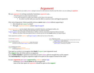 Argument)
Whenever)you)make)a)claim—and)give)reasons)for)why)someone)should)accept)this)claim—you)are)making)an)argument)

)
We)use)arguments)in)writing)constantly.)Sometimes)arguments)are…)
…)the)entire)point)of)a)paper)(argument)papers))
…))or)the)subtle)backbone)of)a)paper)that)enables)central)ideas)to)be)expressed)

•

In)order)to)write)well,)you)must)be)able)to)construct)clear)and)logical)arguments)

)
First&rule&of&Arguments:)Unless)painfully)obvious,)never*state)a)claim)without)supporting)it)
• How)should)one)support)a)claim?)
• Through)empirical)evidence*and/or)logical)support)
)
Empirical)evidence)can)be)simple)observations,)scientific)theories,)sociological)studies,)etc.))
!

Whenever)you)make)a)claim)about)the)observable)world,)use)empirical)evidence))

Logical)support)uses)principles)of)deduction)to)define)or)draw)connections)between)ideas/concepts)
!

Whenever)you)make)a)claim)about)general)ideas)or)concepts)(e.g.)how)one)idea)entails)another),)use)logical)support)

)

Some)arguments)use)both)empirical)and)logical)support,)others)just)use)one)or)the)other…)

)
Consider)these)arguments:)
)
Claim:)Socrates)is)mortal)
Support:)1))Socrates)is)a)man))))(empirical)evidence:)simple)observation)))
))))))))))))))))))2))All)men)are)mortal)(logical)support:)connection)of)concepts))
)
)
Claim:)Smoking)causes)cancer)
Support:)1))Study)X))(empirical)evidence))
))))))))))))))))))2))Physiological)facts)(empirical)evidence))
)

Claim:)Plagiarism)is)wrong))
Support:)1))To)plagiarize)is)to)take)someone)else’s)work)and)call)it)one’s)own))
)))))))))))))))))))))))(logical)support:)simple)definition))
))))))))))))))))))2))Taking)someone)else’s)work)and)calling)it)one’s)own)is)wrong)))))))
)))))))))))))))))))))))(logical)support:)connection)of)concepts))))

Your)goal)as)a)writer)is)to)recognize)what)kind*of)support)your)arguments)need)
The)support*does)all)of)the)work)in)an)argument)
It)is)a)rookie*mistake*to)spend)too)much)time)on)one’s)claims)and)not)enough)time)on)the)support)
The)vast*majority*of)any)given)argument)ought)to)be)spent)on)the)support)instead)of)the)claim)
)
In)sum:)arguments)are)claims)supported*by)evidence)and/or)logic))
)
))unobvious)claims)should)never*be)left)unsupported)
))))))))))))))))most)of)the)time)spent)on)arguments)should)be)spent)on)the)support**
)

 