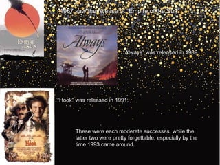  1987 saw the release of “Empire of the Sun”1987 saw the release of “Empire of the Sun”
““Always” was released in 1989Always” was released in 1989
““Hook” was released in 1991.Hook” was released in 1991.
These were each moderate successes, while theThese were each moderate successes, while the
latter two were pretty forgettable, especially by thelatter two were pretty forgettable, especially by the
time 1993 came around.time 1993 came around.
 