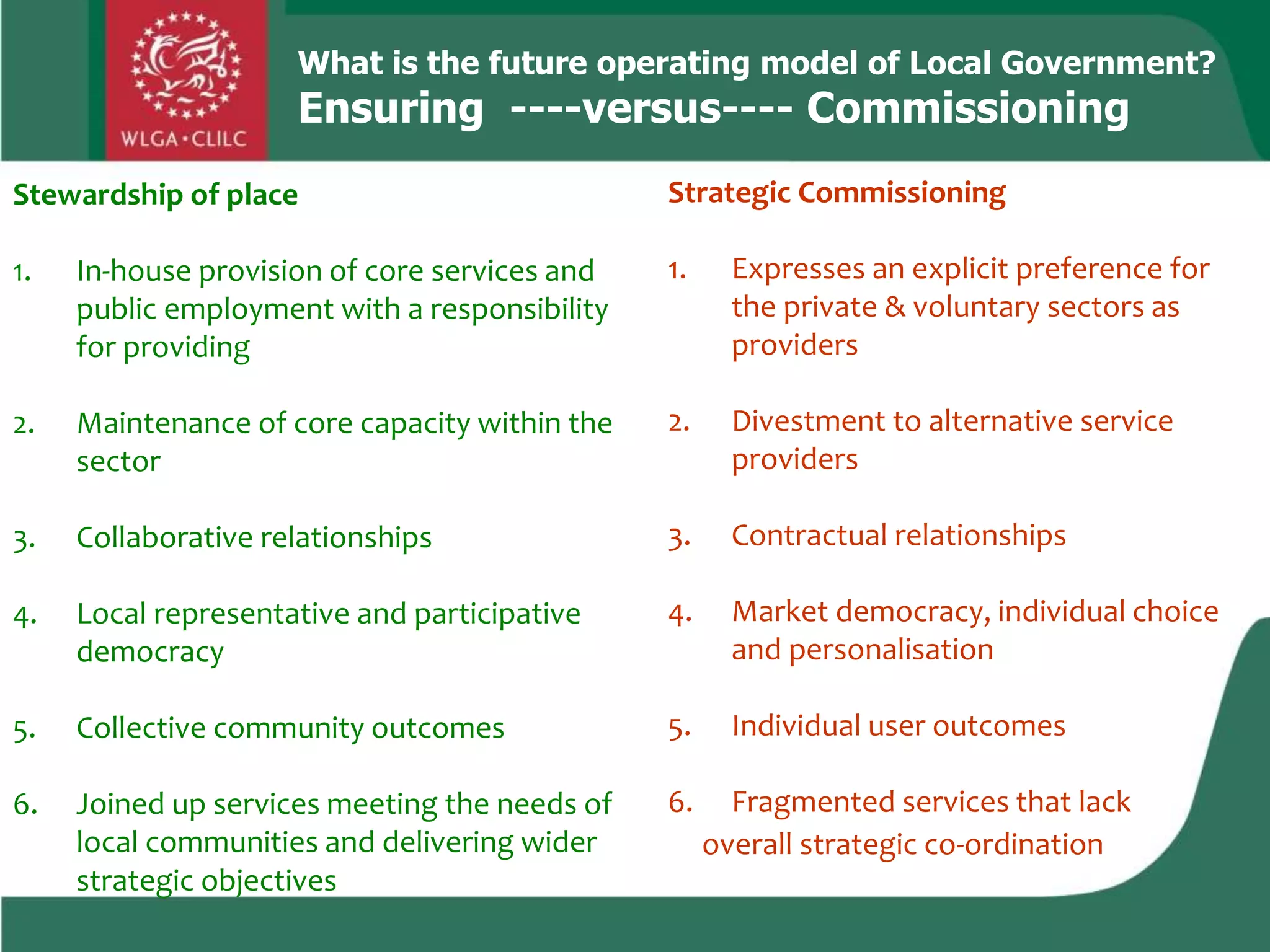 Stewardship of place
1. In-house provision of core services and
public employment with a responsibility
for providing
2. Maintenance of core capacity within the
sector
3. Collaborative relationships
4. Local representative and participative
democracy
5. Collective community outcomes
6. Joined up services meeting the needs of
local communities and delivering wider
strategic objectives
Strategic Commissioning
1. Expresses an explicit preference for
the private & voluntary sectors as
providers
2. Divestment to alternative service
providers
3. Contractual relationships
4. Market democracy, individual choice
and personalisation
5. Individual user outcomes
6. Fragmented services that lack
overall strategic co-ordination
What is the future operating model of Local Government?
Ensuring ----versus---- Commissioning
 
