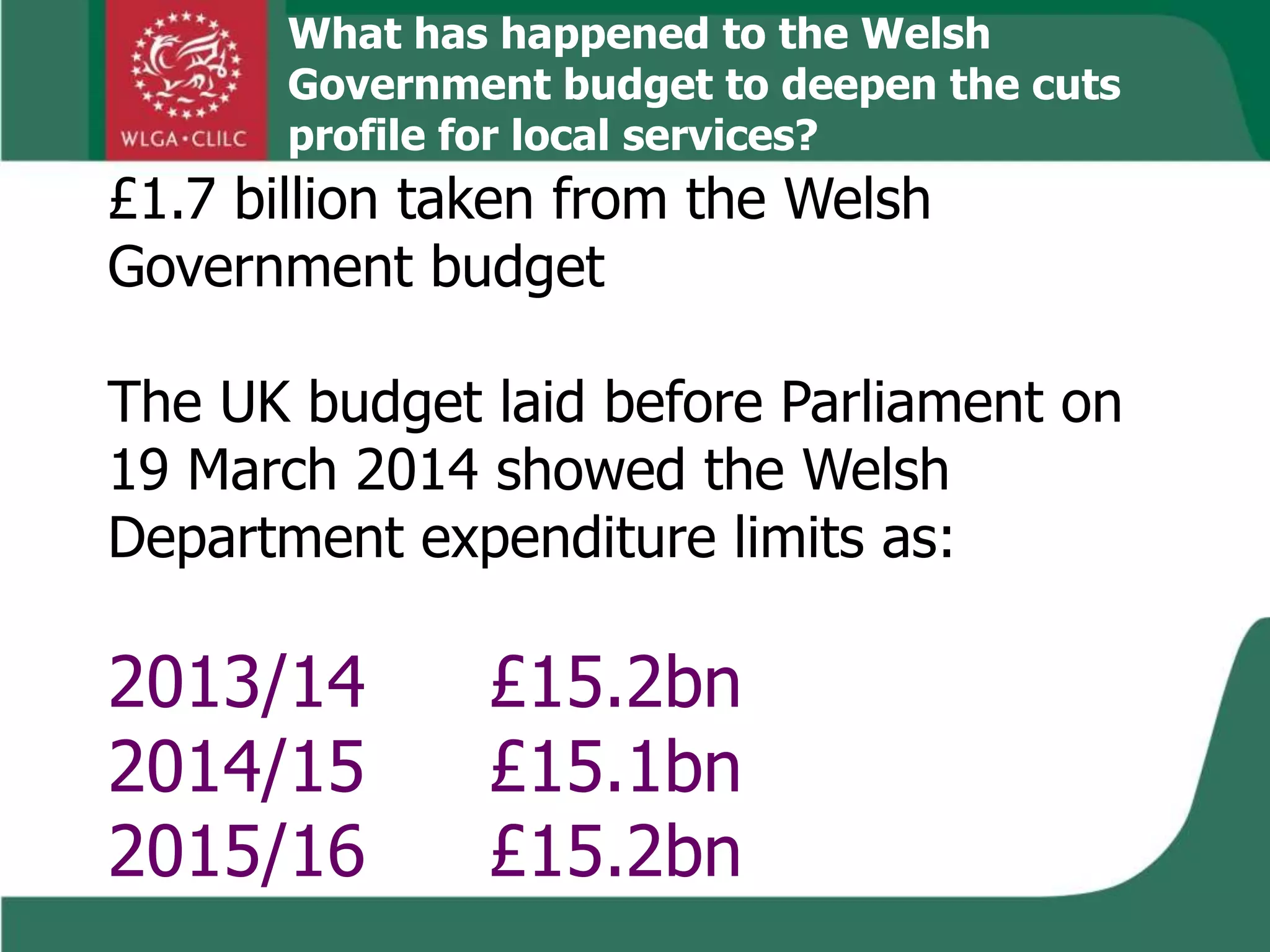 £1.7 billion taken from the Welsh
Government budget
The UK budget laid before Parliament on
19 March 2014 showed the Welsh
Department expenditure limits as:
2013/14 £15.2bn
2014/15 £15.1bn
2015/16 £15.2bn
What has happened to the Welsh
Government budget to deepen the cuts
profile for local services?
 