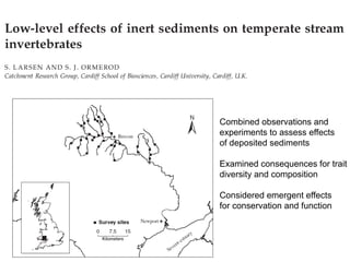Combined observations and
experiments to assess effects
of deposited sediments
Examined consequences for trait
diversity and composition
Considered emergent effects
for conservation and function
 