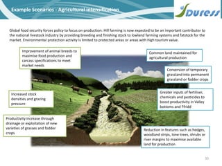 33
Example Scenarios - Agricultural intensification
Global food security forces policy to focus on production: Hill farming is now expected to be an important contributor to
the national livestock industry by providing breeding and finishing stock to lowland farming systems and fatstock for the
market. Environmental protection activity is limited to protected areas or areas with high tourism value.
Increased stock
densities and grazing
pressure
Conversion of temporary
grassland into permanent
grassland or fodder crops
Productivity increase through
drainage or exploitation of new
varieties of grasses and fodder
crops
Improvement of animal breeds to
maximise food production and
carcass specifications to meet
market needs
Common land maintained for
agricultural production
Greater inputs of fertiliser,
chemicals and pesticides to
boost productivity in Valley
bottoms and Ffridd
Reduction in features such as hedges,
woodland strips, lone trees, shrubs or
river margins to maximise available
land for production
 