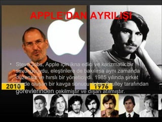 APPLE’DAN AYRILIŞI



• Steve Jobs, Apple için ikna edici ve karizmatik bir
  savunucuydu, eleştirilere de bakılırsa aynı zamanda
  düzensiz ve hırslı bir yöneticiydi. 1985 yılında şirket
  içinde oluşan bir kavga sonucu Jobs, Sculley tarafından
  görevlerinden çekilmiştir ve dışarı atılmıştır.
 