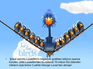 •    Şirket aslında Lucasfilm'in bilgisayar grafikleri bölümü üzerine
    kuruldu. Jobs Lucasfilm'den bu bölümü 10 milyon $'a (istenilen
    miktarın üçte-birine !) sahibi George Lucas'dan almıştır.
 
