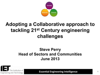 Essential Engineering Intelligence 1
Adopting a Collaborative approach to
tackling 21st Century engineering
challenges
Steve Perry
Head of Sectors and Communities
June 2013
 