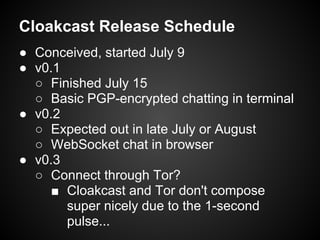 Cloakcast Release Schedule
● Conceived, started July 9
● v0.1
  ○ Finished July 15
  ○ Basic PGP-encrypted chatting in ter...