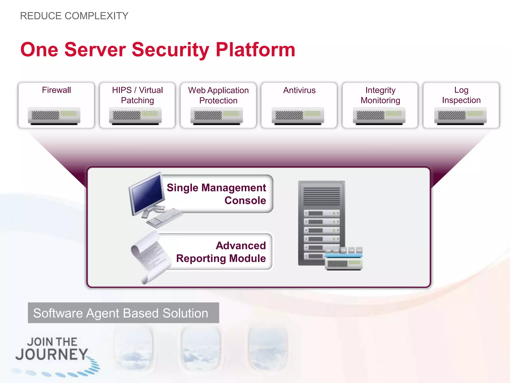 One Server Security Platform
REDUCE COMPLEXITY
Firewall HIPS / Virtual
Patching
Web Application
Protection
Antivirus Integrity
Monitoring
Log
Inspection
Advanced
Reporting Module
Single Management
Console
Software Agent Based Solution
 