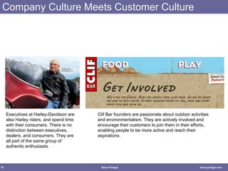 Company Culture Meets Customer Culture Executives at Harley-Davidson are also Harley riders, and spend time with their consumers. There is no distinction between executives, dealers, and consumers. They are all part of the same group of authentic enthusiasts. Clif Bar founders are passionate about outdoor activities and environmentalism. They are actively involved and encourage their customers to join them in their efforts, enabling people to be more active and reach their aspirations. 