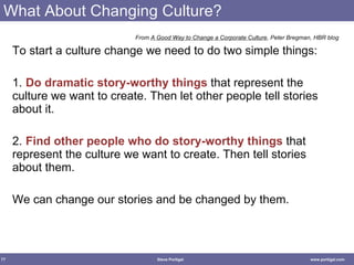 What About Changing Culture? From  A Good Way to Change a Corporate Culture , Peter Bregman, HBR blog To start a culture change we need to do two simple things:  1.  Do dramatic story-worthy things  that represent the culture we want to create. Then let other people tell stories about it. 2. Find other people who do story-worthy things  that represent the culture we want to create. Then tell stories about them.  We can change our stories and be changed by them.  