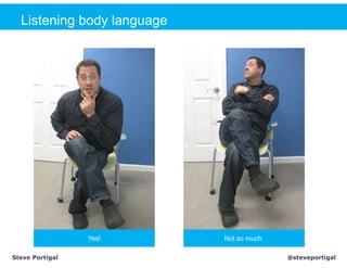 Listening body language




                 Yes!       Not so much.

Steve Portigal                             @steveportigal
 