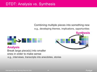 Don’t make questions pass/fail (2/2)Client: So the only other question I have left in this area is: Would you expect to manually decide what music goes on your devices or would you rather that the machine does it for you?Interviewee: Decide what I want on my…?Let’s say your library is here on this machine, and you have a device, would you want it to put as much as it could put on from the library from the device when it’s connected to your computer?If I could hold it… if the device itself could actually hold all the files, I would love that, if it automatically…Just knew.Just knew that it wasn’t on there, the same thing when…what do you call it - when I have to go into the program and actually have it… downl…uhh, now I’m confused in what I should call it.No, no, don’t worry about it!