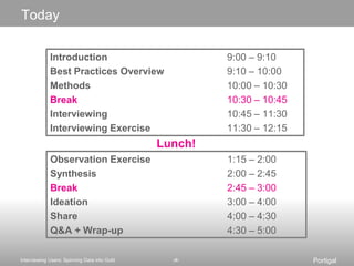 TodayIntroduction				9:00 – 9:10Best Practices Overview		9:10 – 10:00Methods10:00 – 10:30Break10:30 – 10:45Interviewing			10:45 – 11:30Interviewing Exercise11:30 – 12:15Lunch!Observation Exercise			1:15 – 2:00Synthesis				2:00 – 2:45Break2:45 – 3:00Ideation3:00 – 4:00Share4:00 – 4:30Q&A + Wrap-up	4:30 – 5:00