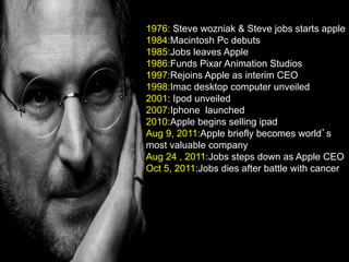 1976: Steve wozniak & Steve jobs starts apple
1984:Macintosh Pc debuts
1985:Jobs leaves Apple
1986:Funds Pixar Animation Studios
1997:Rejoins Apple as interim CEO
1998:Imac desktop computer unveiled
2001: Ipod unveiled
2007:Iphone launched
2010:Apple begins selling ipad
Aug 9, 2011:Apple briefly becomes world s
most valuable company
Aug 24 , 2011:Jobs steps down as Apple CEO
Oct 5, 2011:Jobs dies after battle with cancer
 