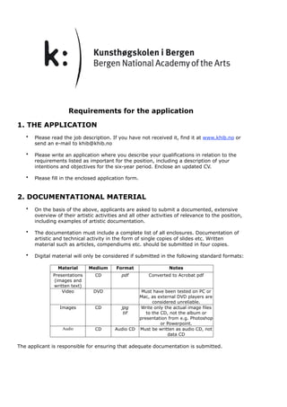 Requirements for the application

1. THE APPLICATION
   •   Please read the job description. If you have not received it, find it at www.khib.no or
       send an e-mail to khib@khib.no

   •   Please write an application where you describe your qualifications in relation to the
       requirements listed as important for the position, including a description of your
       intentions and objectives for the six-year period. Enclose an updated CV.

   •   Please fill in the enclosed application form.



2. DOCUMENTATIONAL MATERIAL
   •   On the basis of the above, applicants are asked to submit a documented, extensive
       overview of their artistic activities and all other activities of relevance to the position,
       including examples of artistic documentation.

   •   The documentation must include a complete list of all enclosures. Documentation of
       artistic and technical activity in the form of single copies of slides etc. Written
       material such as articles, compendiums etc. should be submitted in four copies.

   •   Digital material will only be considered if submitted in the following standard formats:

                 Material      Medium      Format                   Notes
               Presentations     CD          pdf           Converted to Acrobat pdf
               (images and
               written text)
                   Video         DVD                    Must have been tested on PC or
                                                       Mac, as external DVD players are
                                                             considered unreliable.
                  Images         CD          jpg        Write only the actual image files
                                              tif         to the CD, not the album or
                                                       presentation from e.g. Photoshop
                                                                 or Powerpoint.
                   Audio         CD       Audio CD     Must be written as audio CD, not
                                                                    data CD

The applicant is responsible for ensuring that adequate documentation is submitted.
 