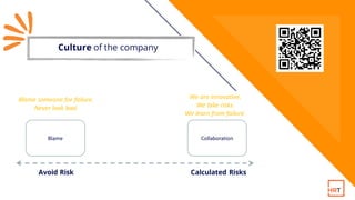 Culture of the company
Blame Collaboration
Calculated Risks
Avoid Risk
We are innovative.
We take risks.
We learn from fai...