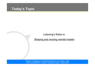 ©2011. The ARF. All rights reserved
Stephen D Rappaport, Advertising Research Foundation, USA
Festival of NewMR 2011 - Session 7 Schedule: 9:00pm-11:00pm (GMT)
Today’s Topic
Listening’s Roles in:
Shaping and revising mental models
 