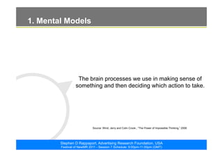 ©2011. The ARF. All rights reserved
Stephen D Rappaport, Advertising Research Foundation, USA
Festival of NewMR 2011 - Session 7 Schedule: 9:00pm-11:00pm (GMT)
1. Mental Models
The brain processes we use in making sense of
something and then deciding which action to take.
Source: Wind, Jerry and Colin Crook., “The Power of Impossible Thinking,” 2006
 