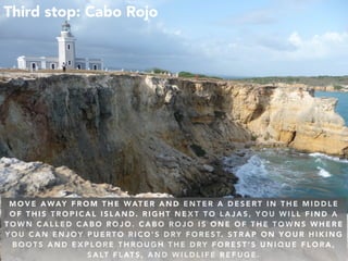 Third stop: Cabo Rojo
M O V E AWAY F R O M T H E WAT E R A N D E N T E R A D E S E RT I N T H E M I D D L E
O F T H I S T ...