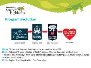 Program Evolution

2008 – Discount & Rewards Booklet for Locals to share with VFR
2012 – Rebrand ‘Crown’ = Badge of Pride/Heritage/King or Queen of My Backyard
> Polarised Community > New suite of marketing tools (website/App/E-dms/Vouchers/E-cards
& use of Social Media)
2013 – Region Branding & MHLH Fun Campaign

 