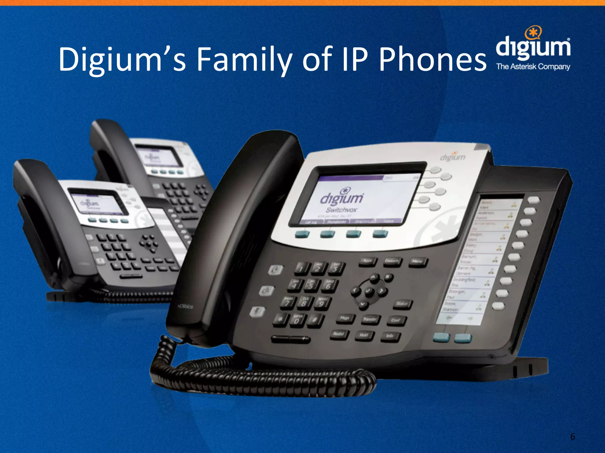 Digium’s	
  Family	
  of	
  IP	
  Phones	
  




                                                6	
  
                     Digium	
  Conﬁden-al	
  
 