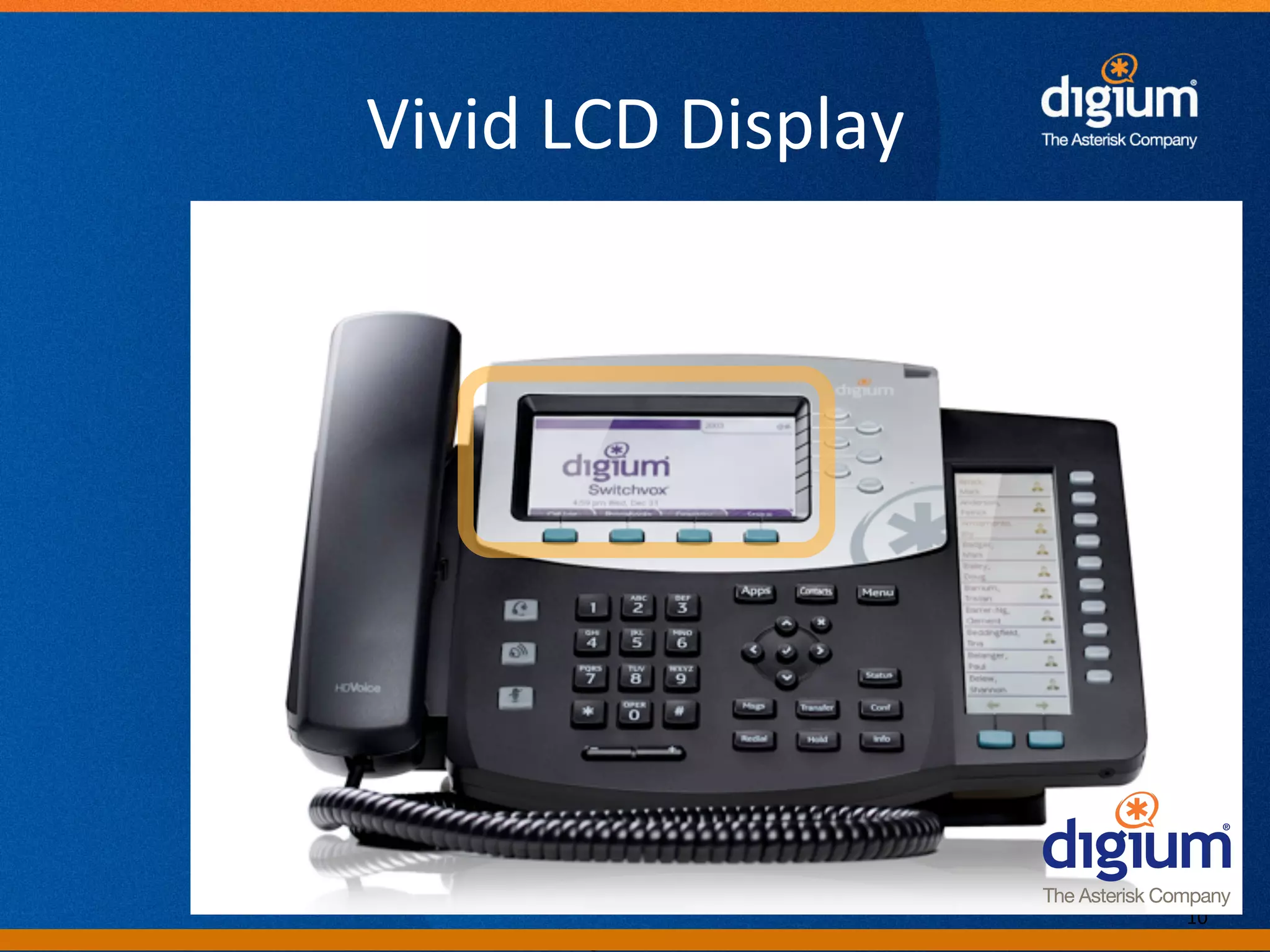 Vivid	
  LCD	
  Display	
  




                                     10	
  
          Digium	
  Conﬁden-al	
  
 