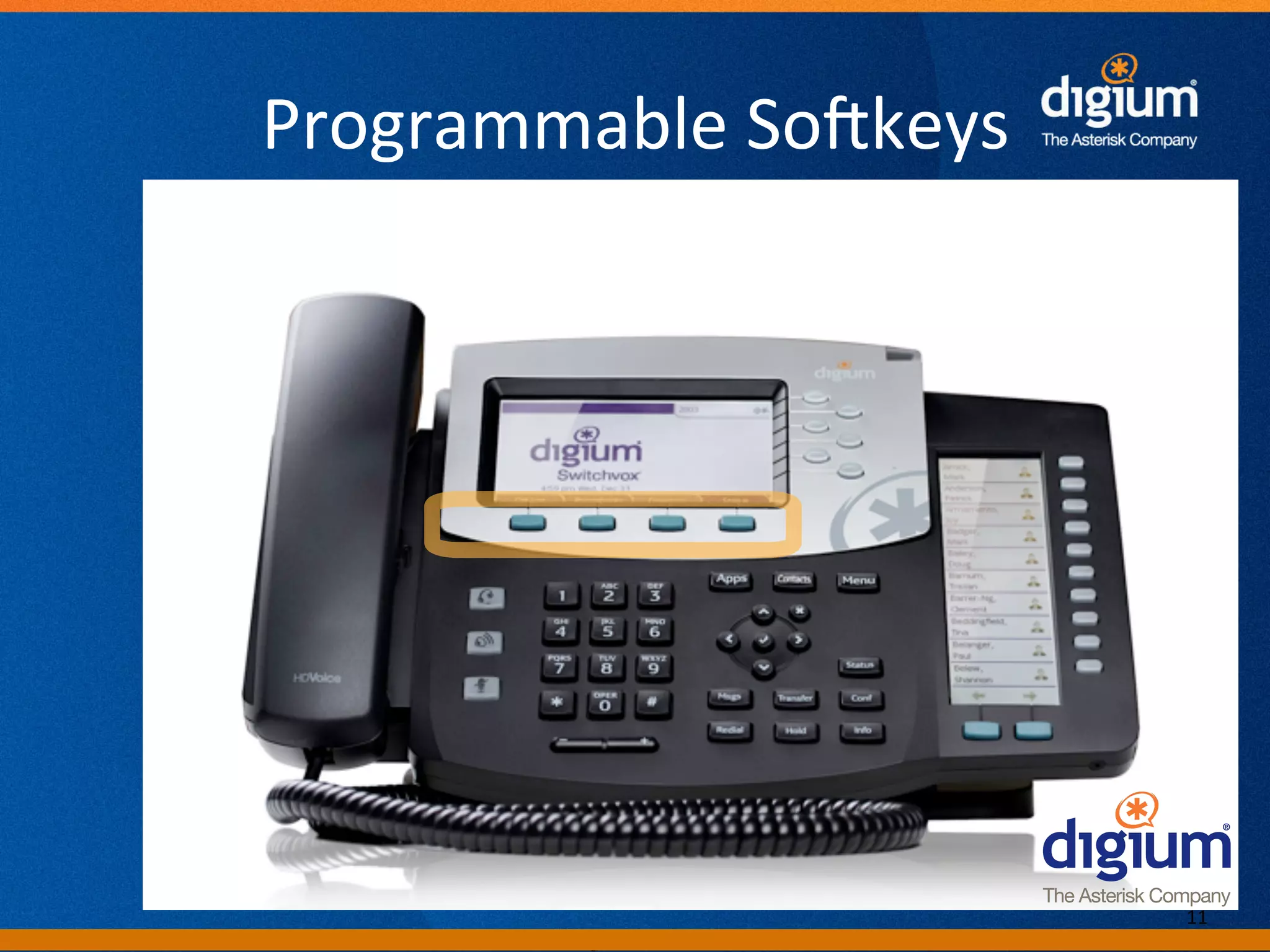 Programmable	
  SoJkeys	
  




                                      11	
  
           Digium	
  Conﬁden-al	
  
 