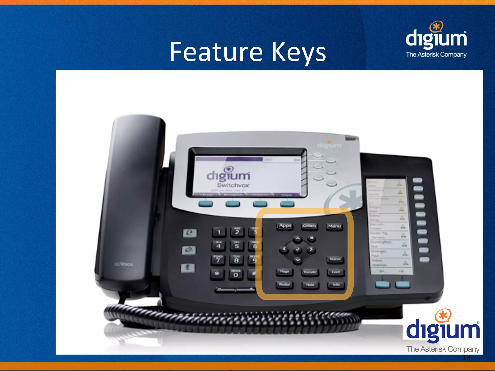 Feature	
  Keys	
  




                                 13	
  
      Digium	
  Conﬁden-al	
  
 