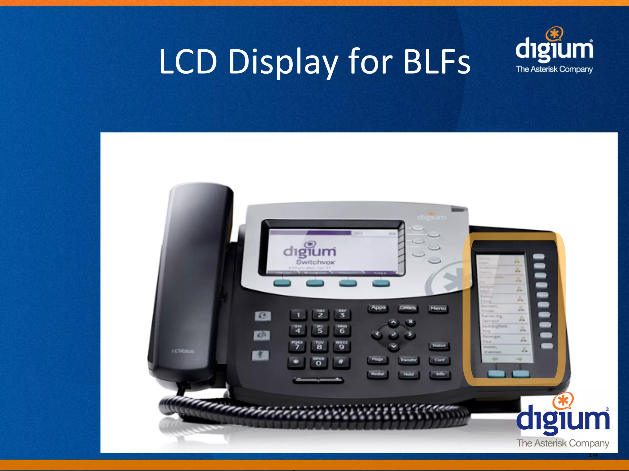 LCD	
  Display	
  for	
  BLFs	
  




                                       14	
  
            Digium	
  Conﬁden-al	
  
 