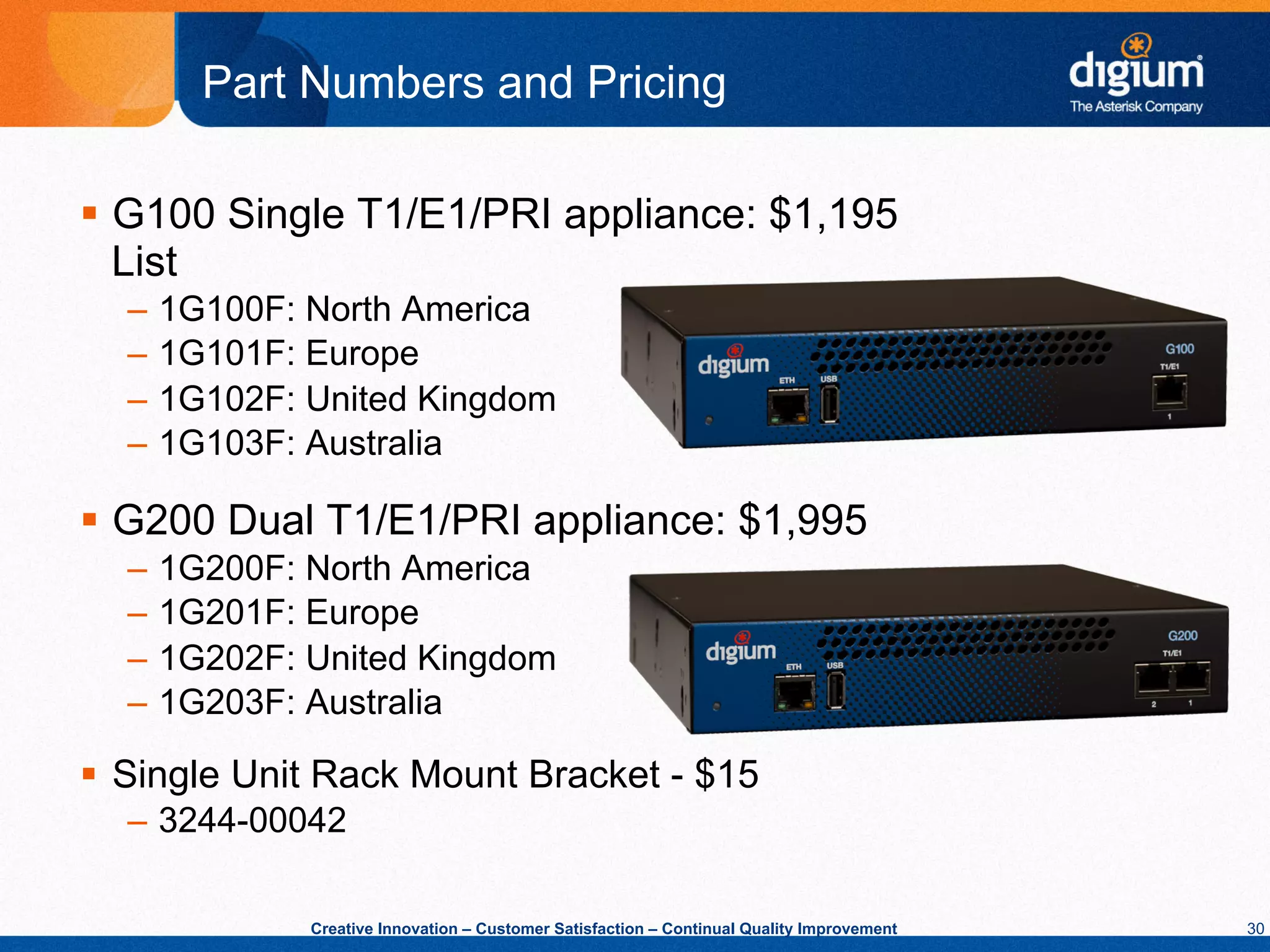 Part Numbers and Pricing

§  G100 Single T1/E1/PRI appliance: $1,195
    List
  –  1G100F: North America
  –  1G101F: Europe
  –  1G102F: United Kingdom
  –  1G103F: Australia

§  G200 Dual T1/E1/PRI appliance: $1,995
  –  1G200F: North America
  –  1G201F: Europe
  –  1G202F: United Kingdom
  –  1G203F: Australia

§  Single Unit Rack Mount Bracket - $15
  –  3244-00042

             Creative Innovation – Customer Satisfaction – Continual Quality Improvement   30
 