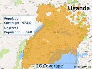 Uganda
2G Coverage
Population
Coverage: 97.6%
Unserved
Population: 896K
Based on GSMA data
 