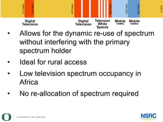 Television White Spaces
• Allows for the dynamic re-use of spectrum
without interfering with the primary
spectrum holder
• Ideal for rural access
• Low television spectrum occupancy in
Africa
• No re-allocation of spectrum required
 