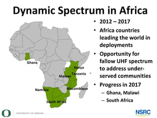 Dynamic Spectrum in Africa
• 2012 – 2017
• Africa countries
leading the world in
deployments
• Opportunity for
fallow UHF spectrum
to address under-
served communities
• Progress in 2017
– Ghana, Malawi
– South AfricaSouth Africa
Namibia
Ghana
Kenya
Malawi
Tanzania
Mozambique
 