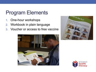 Program Elements
1. One-hour workshops
2. Workbook in plain language
3. Voucher or access to free vaccine
 
