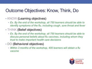 Outcome Objectives: Know, Think, Do
• KNOW (Learning objectives)
• Ex. By the end of the workshop, all 750 learners should be able to
identify symptoms of the flu, including cough, sore throat and fever
• THINK (Belief objectives)
• Ex. By the end of the workshop, all 750 learners should be able to
discuss personal beliefs about flu vaccines, including whom they
trust to make important health care decisions
• DO (Behavioral objectives)
• Within 3 months of the workshop, 400 learners will obtain a flu
vaccine
 