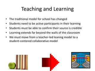 Teaching and Learning
•   The traditional model for school has changed
•   Students need to be active participants in their learning
•   Students must be able to confirm their source is credible
•   Learning extends far beyond the walls of the classroom
•   We must move from a teacher-led leaning model to a
    student-centered collaborative model
 