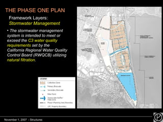 THE PHASE ONE PLAN Framework Layers:  Stormwater Management The stormwater management system is intended to meet or exceed the  C3 water quality requirements  set by the California Regional Water Quality Control Board (RWQCB) utilizing  natural filtration . November 1, 2007  - Structures 