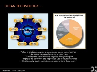 CLEAN TECHNOLOGY… Refers to products, services and processes across industries that: *  Provide superior performance at lower costs * Greatly reduce or eliminate negative ecological impact * Improve the productive and responsible use of natural resources *Create quality jobs in production, management and deployment November 1, 2007  - Structures 