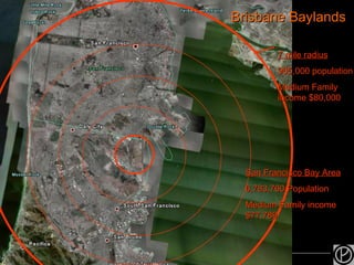 November 1, 2007  - Structures 7 mile radius   965,000 population Medium Family income $80,000 San Francisco Bay Area 6,783,760 Population Medium Family income $77,789 Brisbane Baylands 
