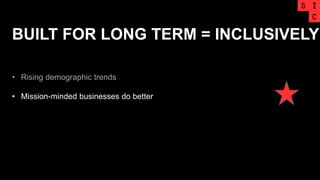BUILT FOR LONG TERM = INCLUSIVELY
• Rising demographic trends
• Mission-minded businesses do better
 