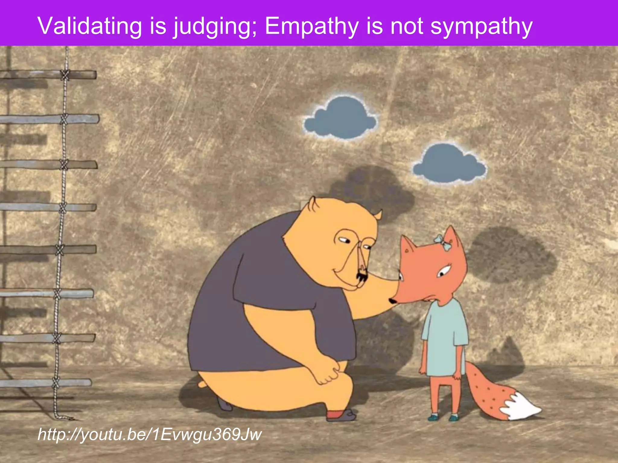 The Designer Is Present ‹#› Portigal
Click to edit Master title styleValidating is judging; Empathy is not sympathy
http://youtu.be/1Evwgu369Jw
 